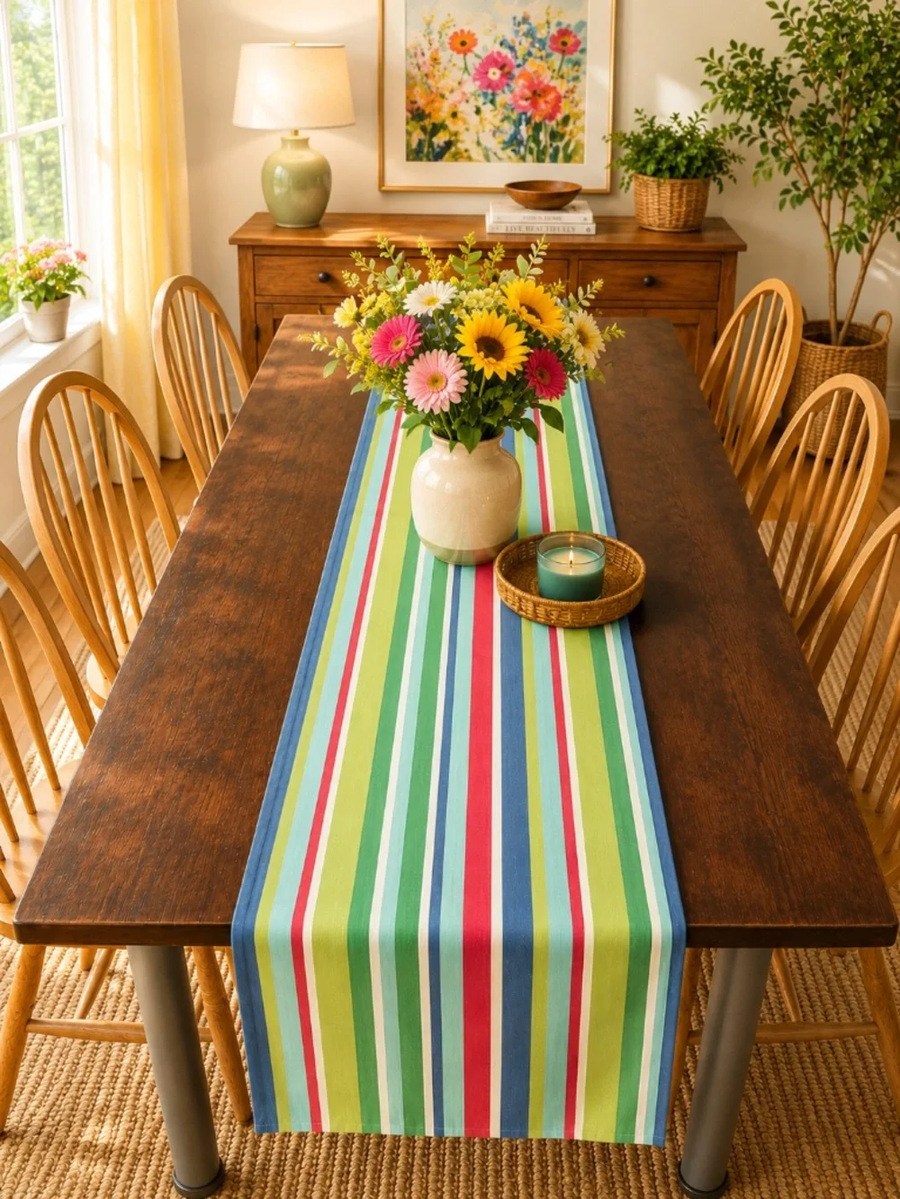 Colorful Striped Table Runner Cotton Blend Coastal Farmhouse Home Dining Decor